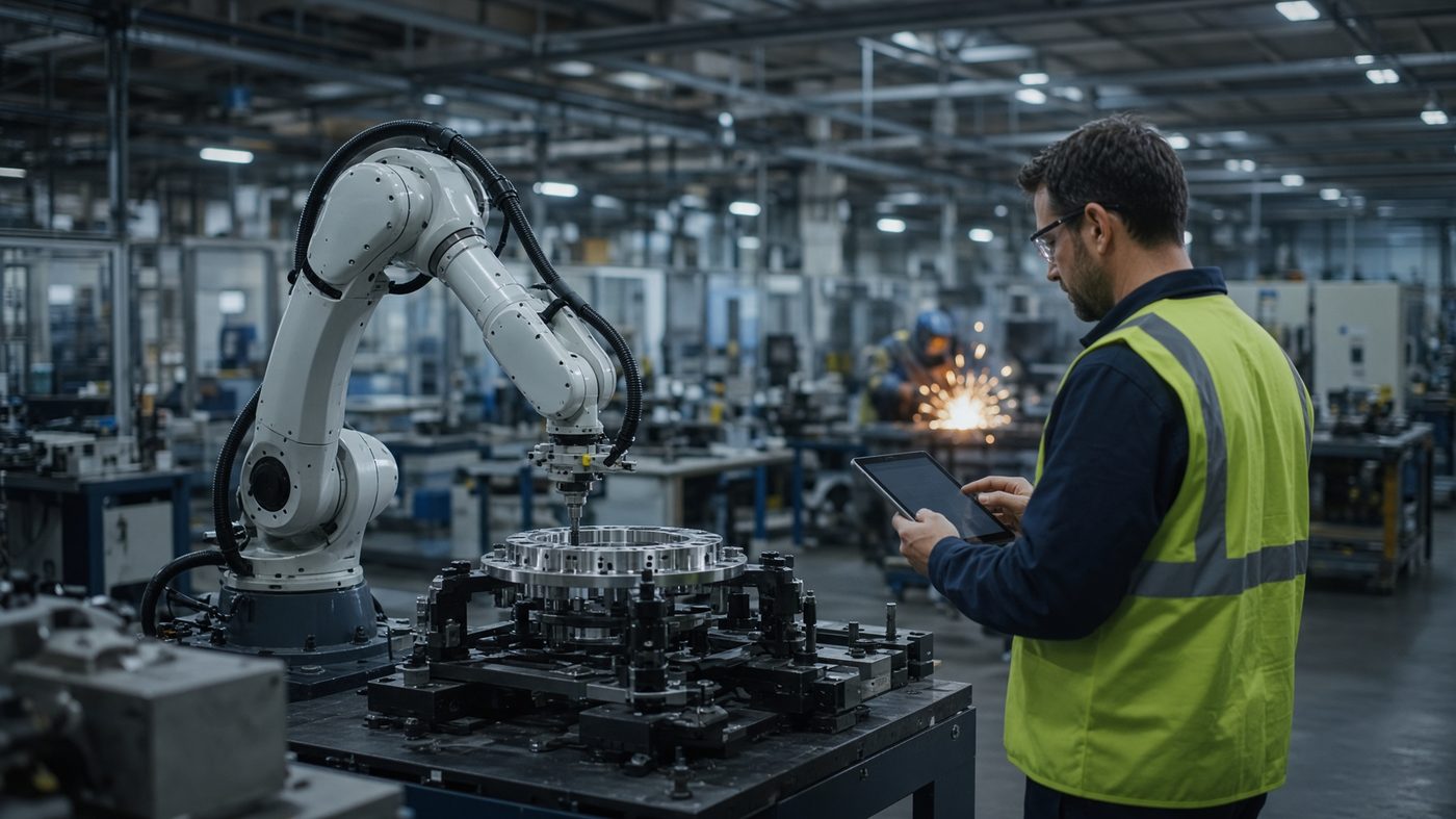 Collaborative robot arms on an English manufacturing floor
