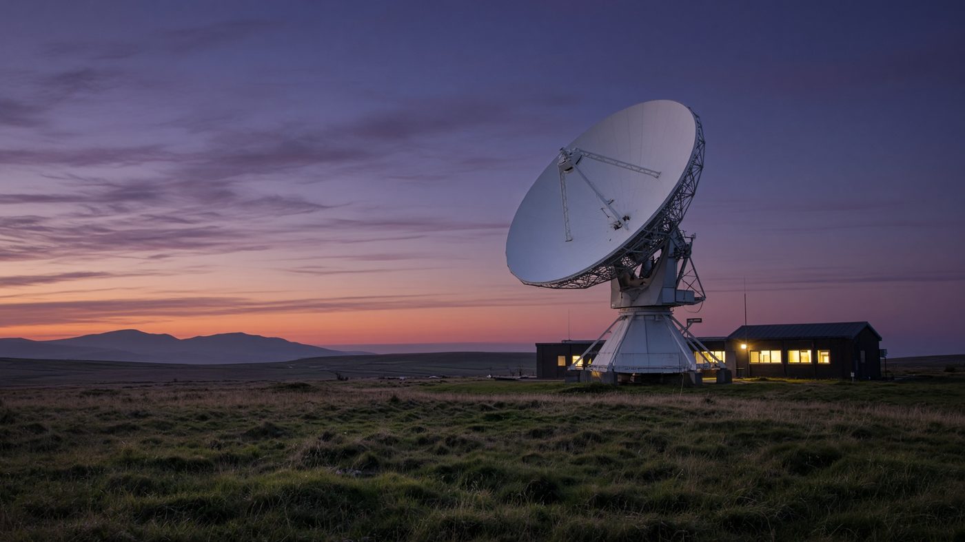 UK satellite ground station dish at dusk