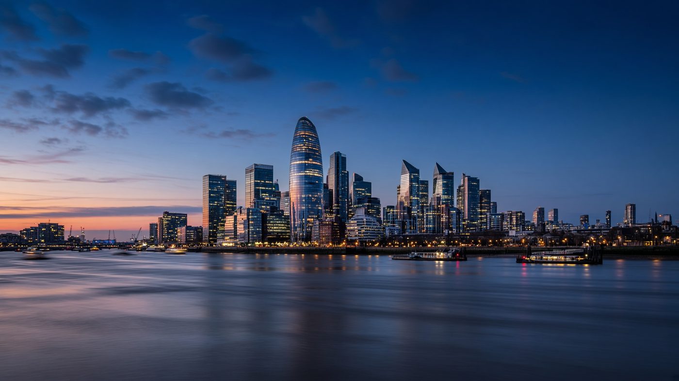 City of London and Canary Wharf at blue hour
