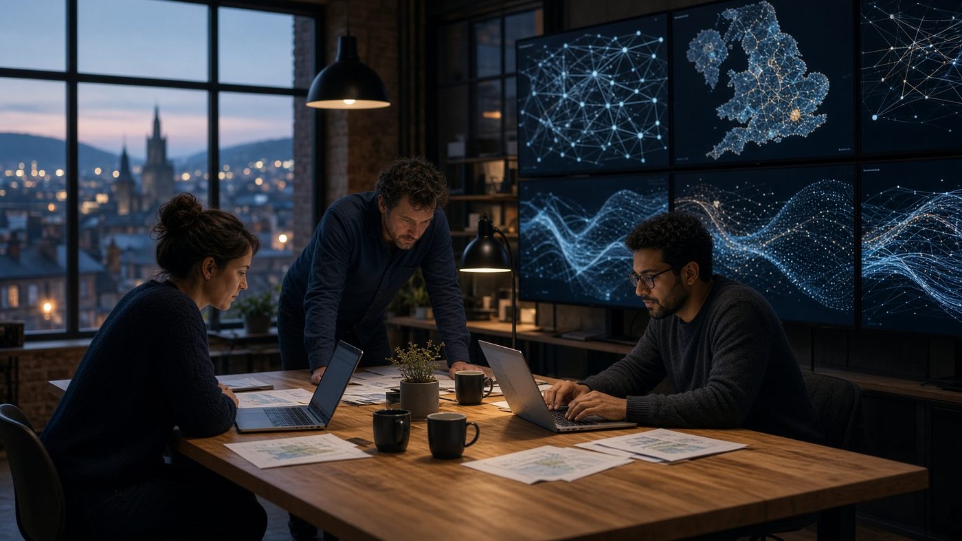 Analysts at work in the Demynex newsroom against a wall of data screens