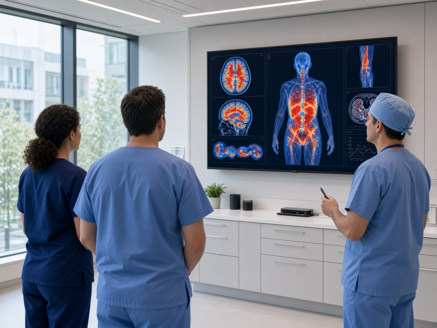 Clinicians reviewing a diagnostic display in a UK hospital digital suite