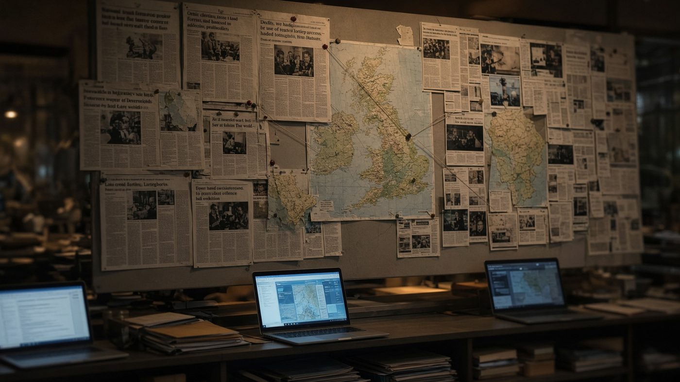 Editorial research wall of maps and clippings in the Bolton newsroom