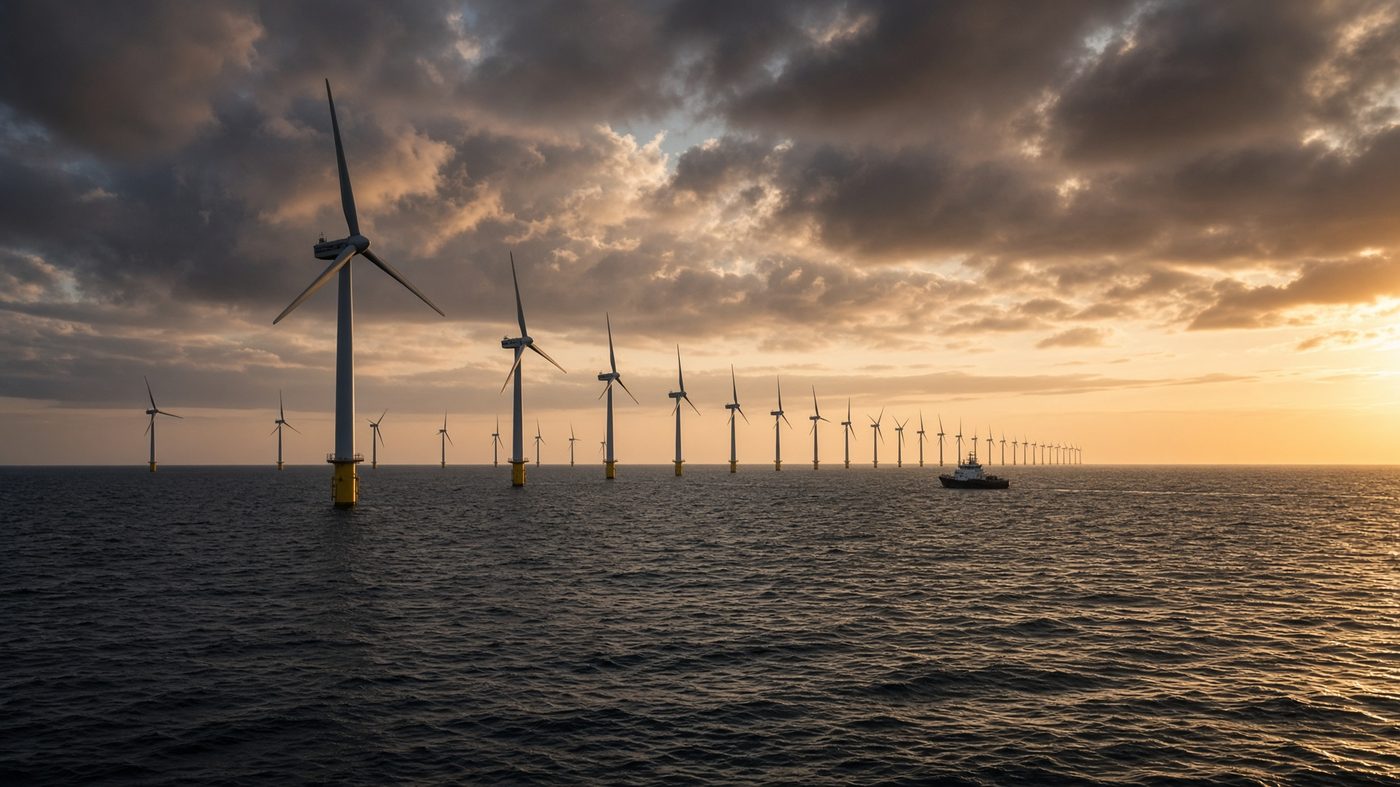 Offshore wind turbines in the North Sea at golden hour