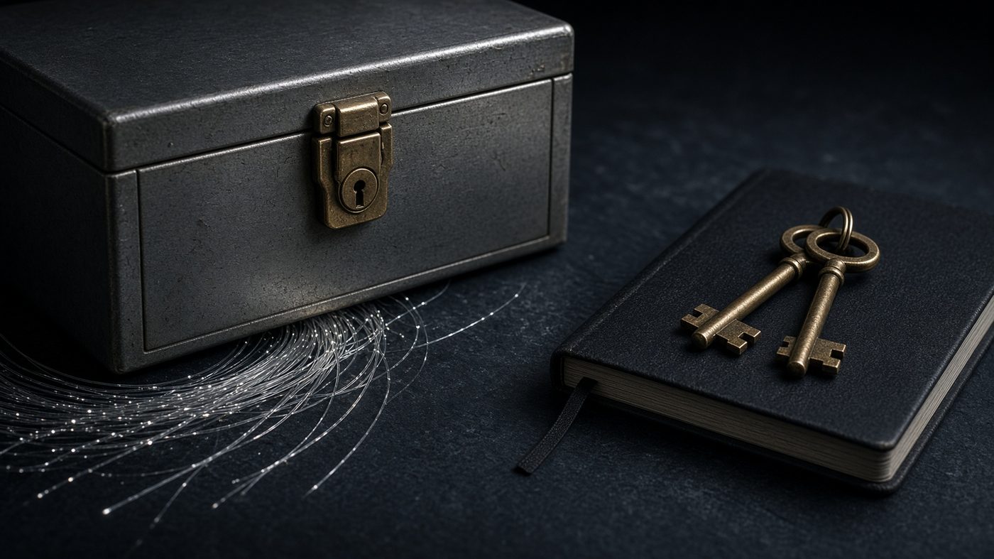 Secure archive still life: steel box, keys and fibre