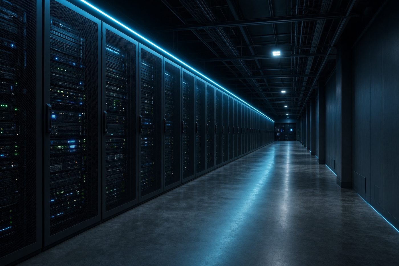 Data-centre corridor, illustrating infrastructure the desk reports on