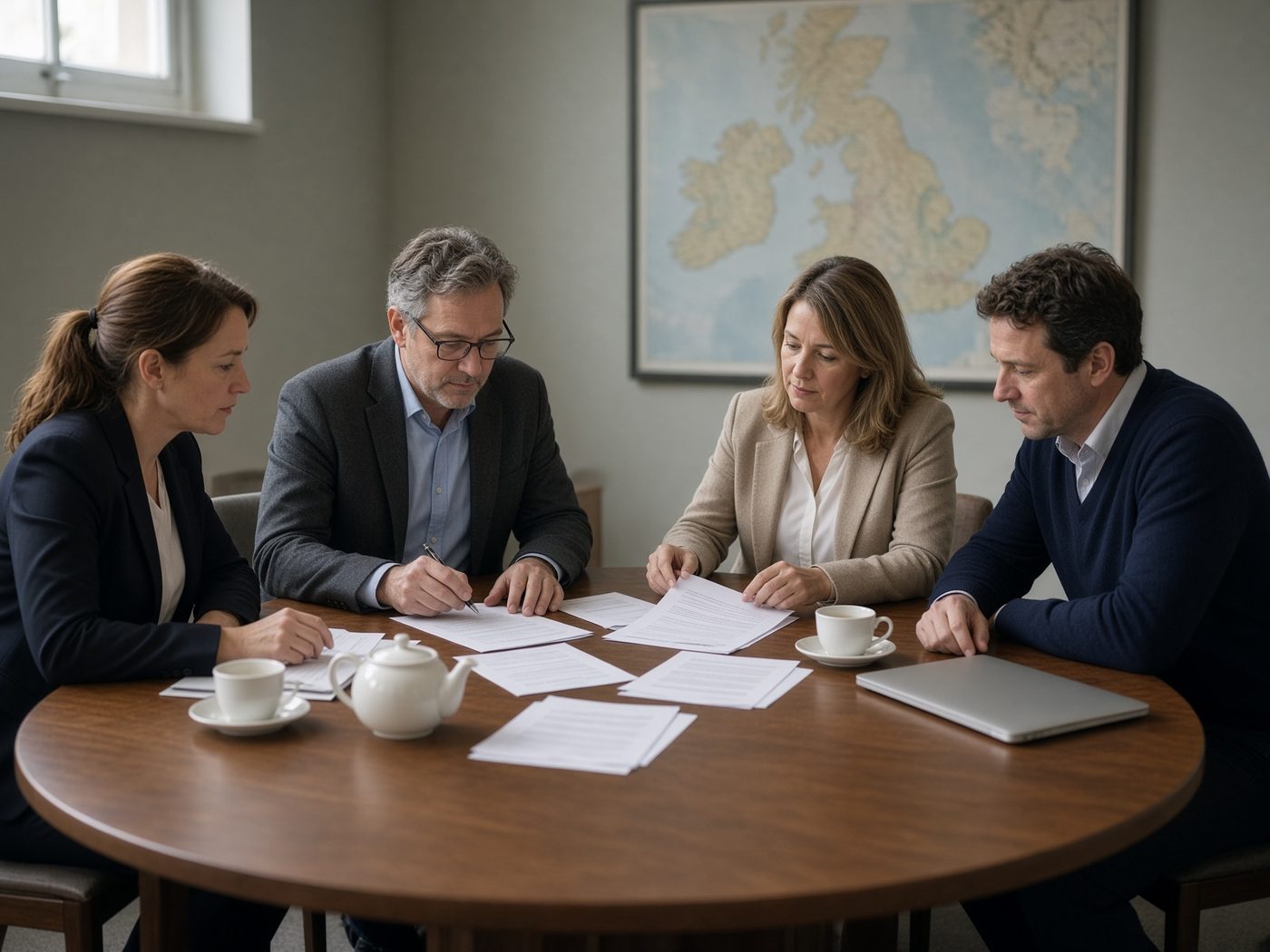 Editors reviewing printed briefings around a walnut table