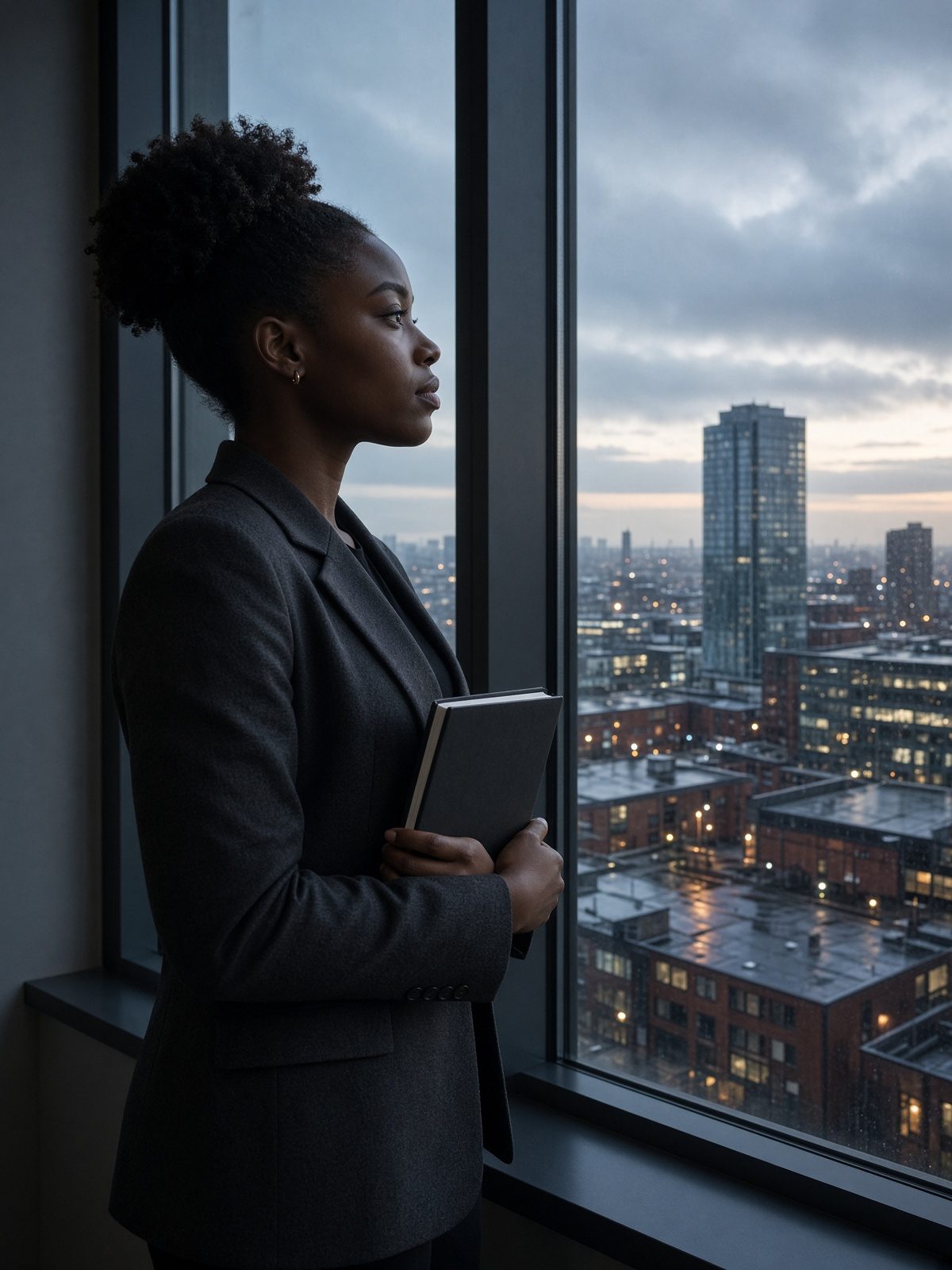 Editor looking out over a wet northern city at dusk